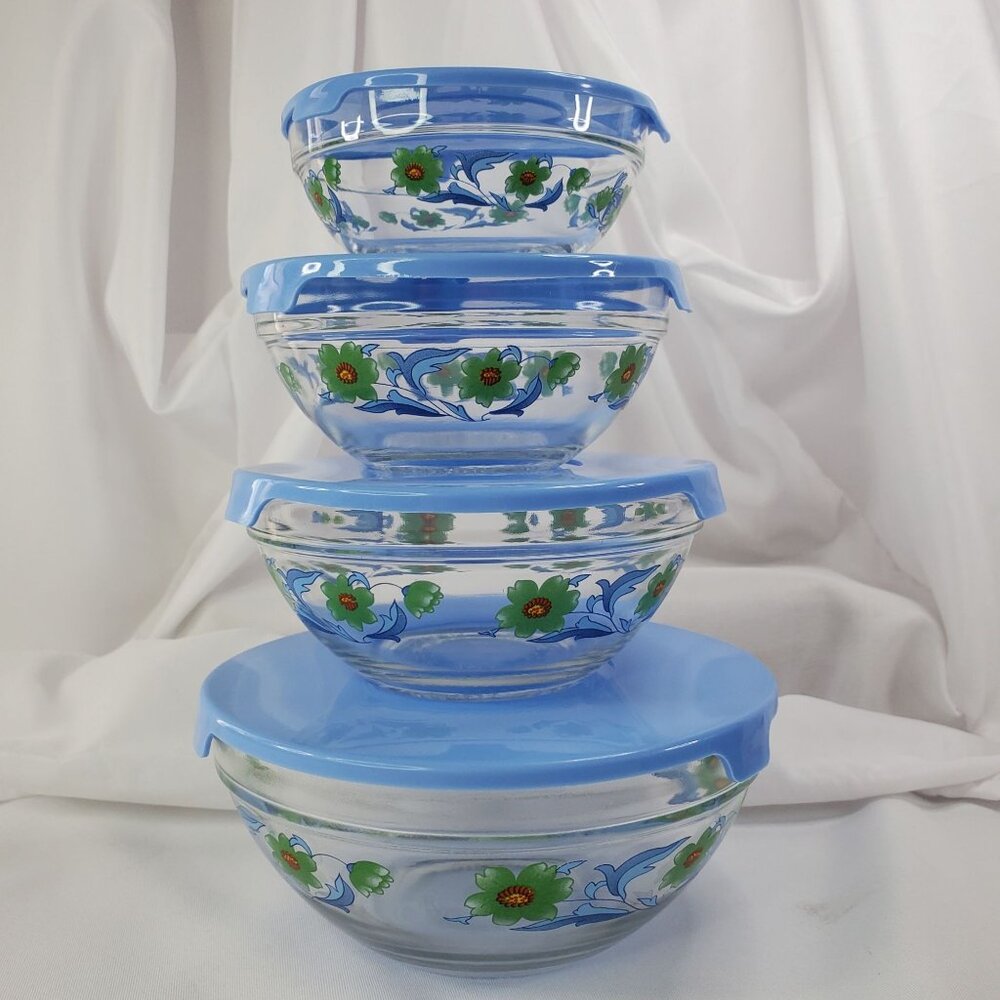 Vintage Imperial Glass Blue Green Flower Nesting Bowls Storage 1970's Set of 4